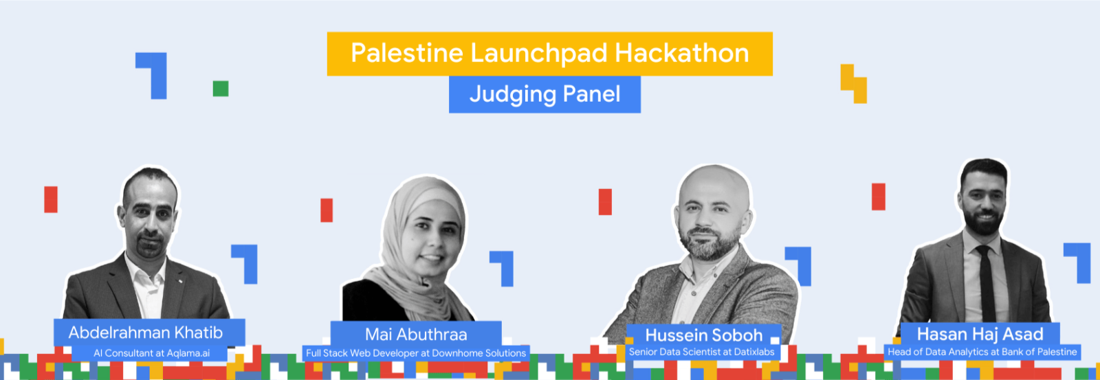 a picture of the 4 judges at the palestine launchpad with google hackathon