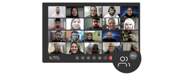 screenshot of a virutal hackathon includes pictures of participants from all over palestine who are tech experts and tech learners